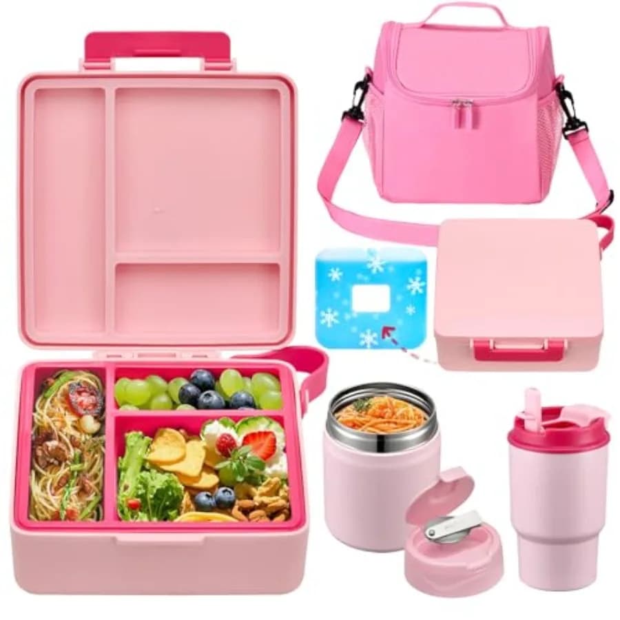 Contenitore per Pranzo Bento con Thermos per Zuppa da 17oz, Bottiglia Termica e Borsa Termica per il Pranzo, Impermeabile con 3 Scomparti