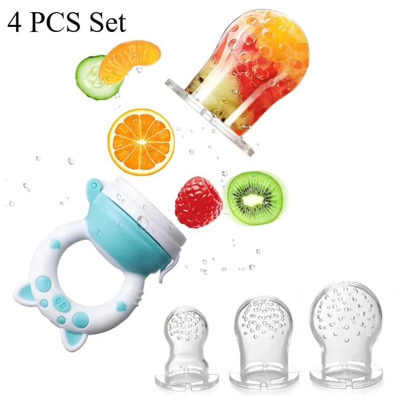 Set da 4 Pezzi: Alimentatore in Silicone per Frutta e Verdura per Neonati e Bambini 6-36 Mesi, Ciuccio per Dentizione e Alimentazione di Grado Alimentare