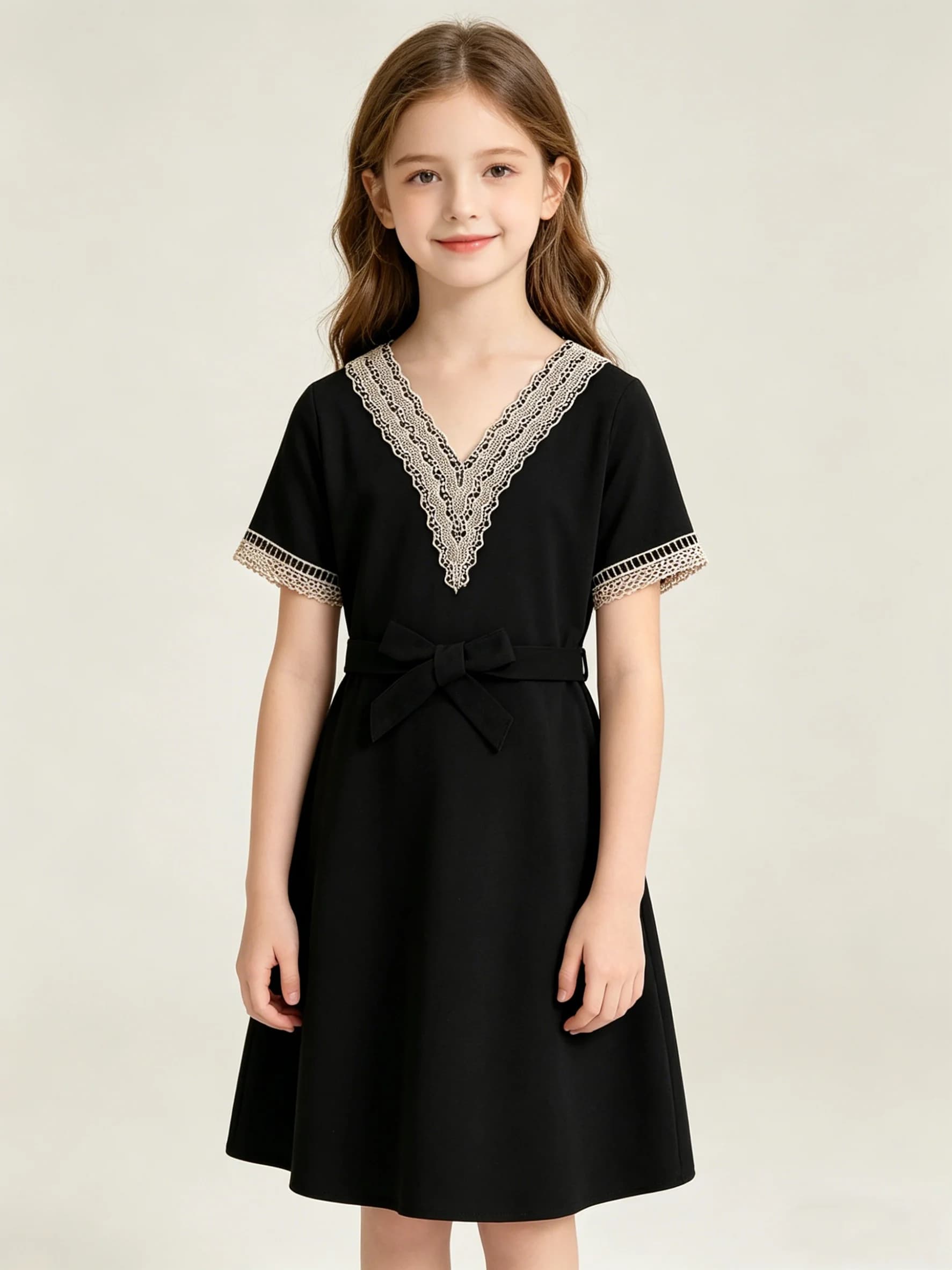 Fashionable Summer Girls' V-Neck Short Sleeved Solid Color Lace Patchwork Skirt Elegant Lady Dress