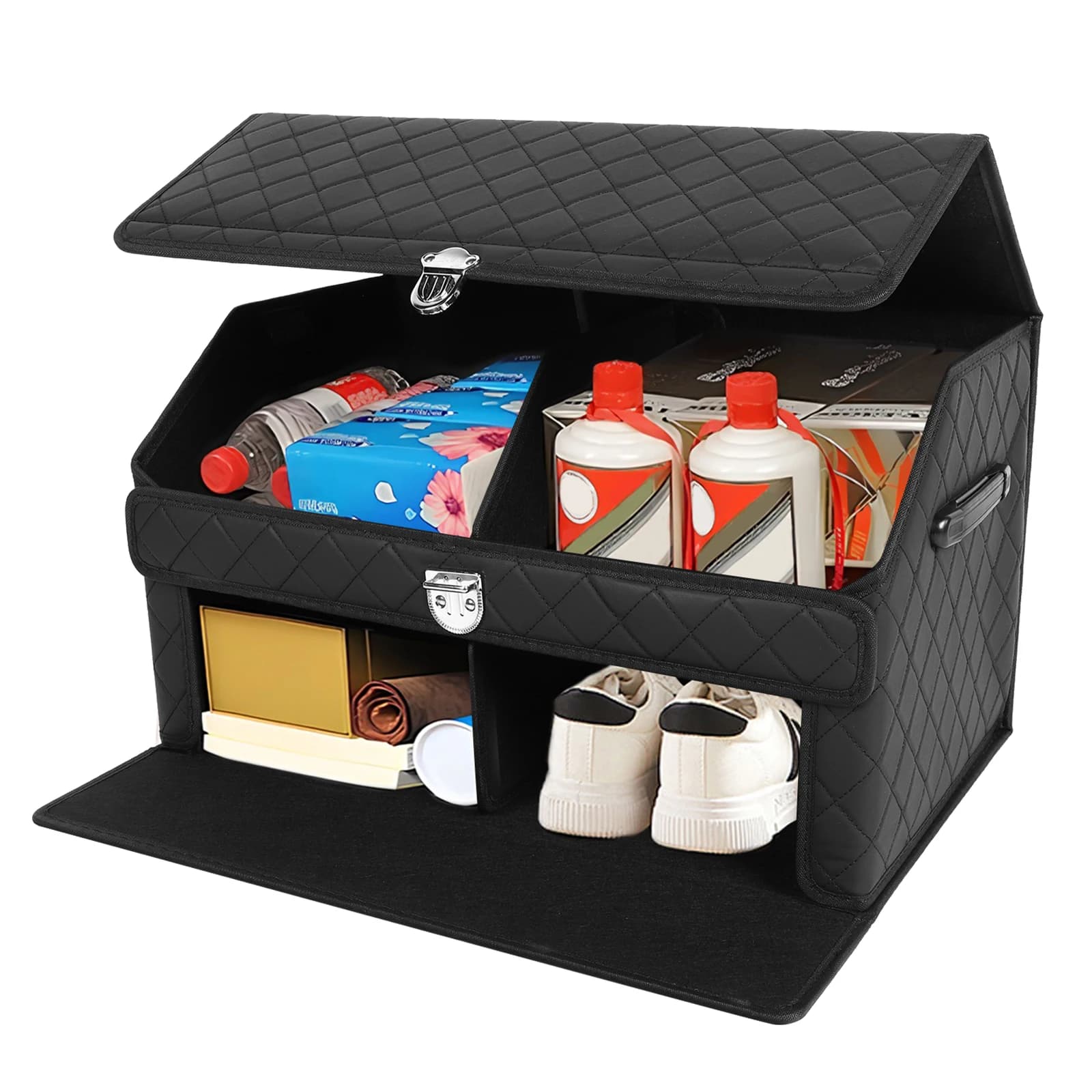 Organizer per Bagagliaio Auto a Doppio Strato con Coperchio, Contenitore Multi-Scomparto per SUV e Furgoni