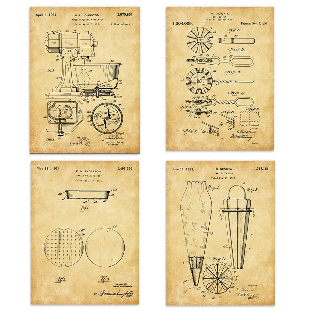 Cake baking patent 4-piece set, baking utensils and equipment, kitchen decoration, cooking art, oven baking poster, mother's day