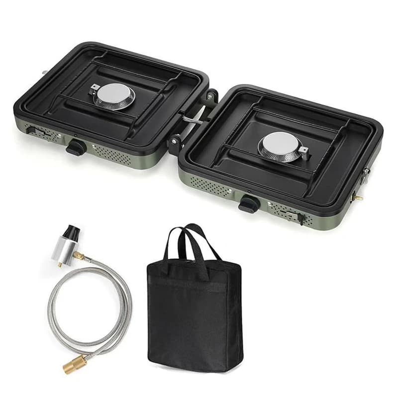 Fornello a gas pieghevole portatile da esterno con attrezzatura da campeggio a doppio fuoco per fornello a gas da campeggio per barbecue