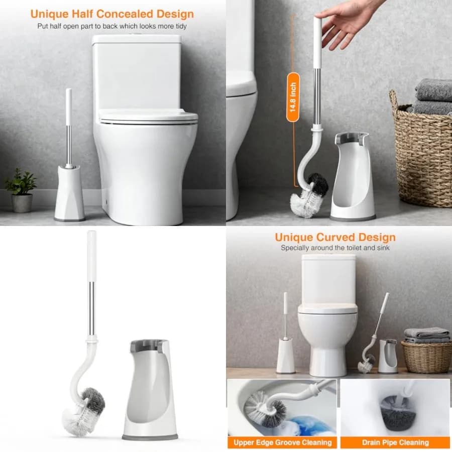 Set Spazzola e Porta Spazzola per WC, Set Spazzola per Pulizia Bagno, Design Curvo, Spazzola per WC con Manico Antiscivolo e Setole Curve per la Pulizia degli Angoli Morti, Accessori Bagno Camper, Spazzola per WC