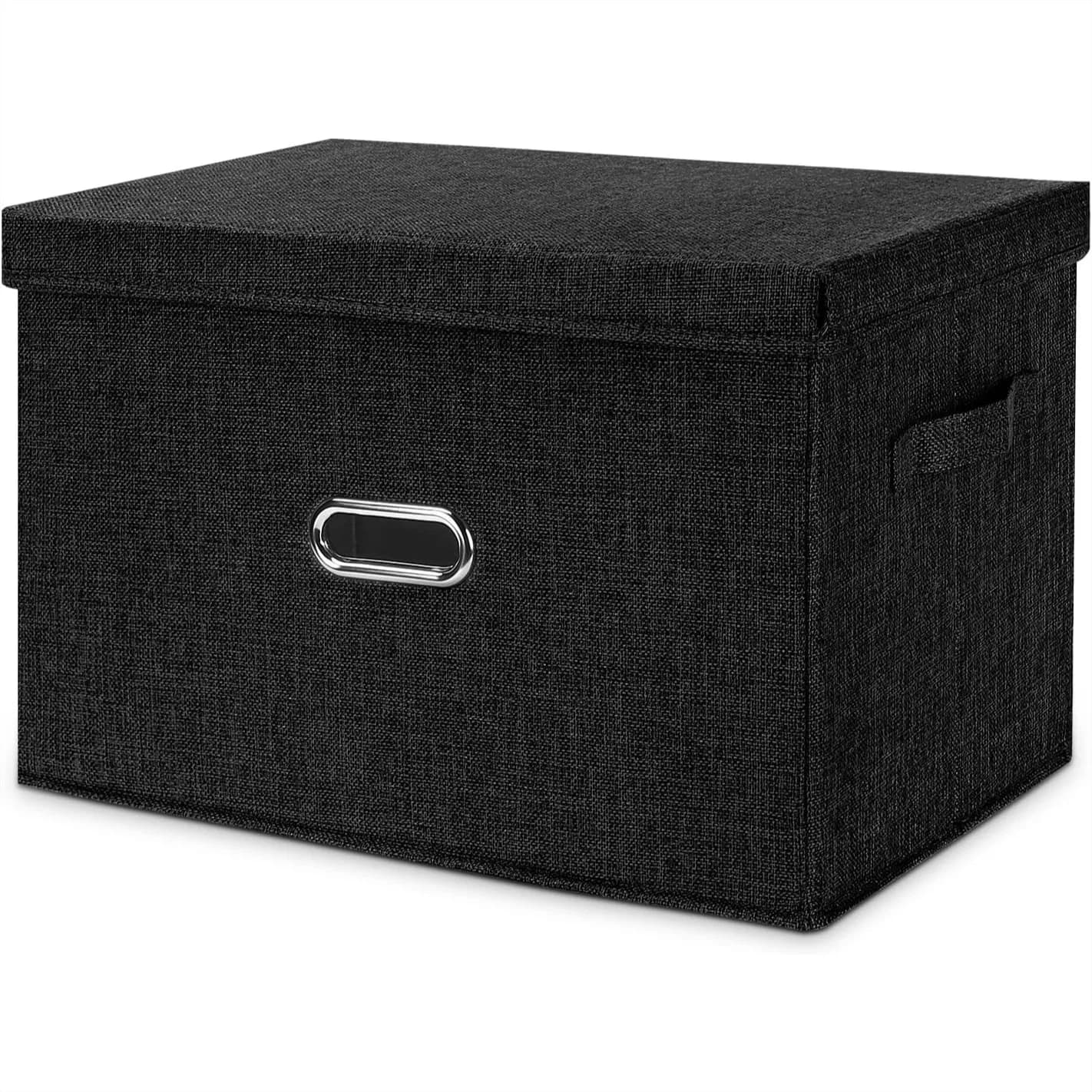 Linen Fabric Foldable Storage Bins with Lid and Handles, Washable Organizer Box for Bedroom Office, Black Medium