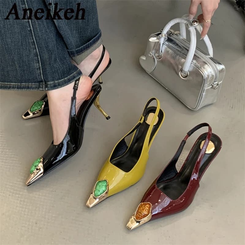 YNPO Street Style Design Metal Square Head Diamonds Woman Pumps Sandals Elegant Sexy Low-heel Banquet Prom Slingbacks Shoes
