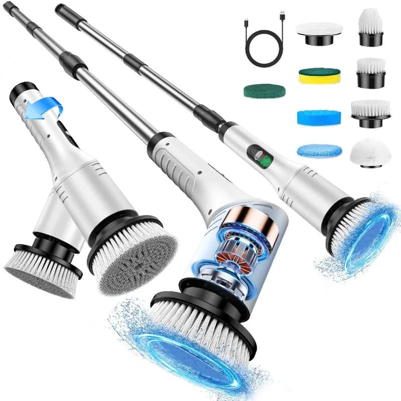 Rotating 9 in 1 Wireless Brush with Telescopic Handle, LED Display, Wireless Pulitor for Bathroom, Kitchen and Flooring