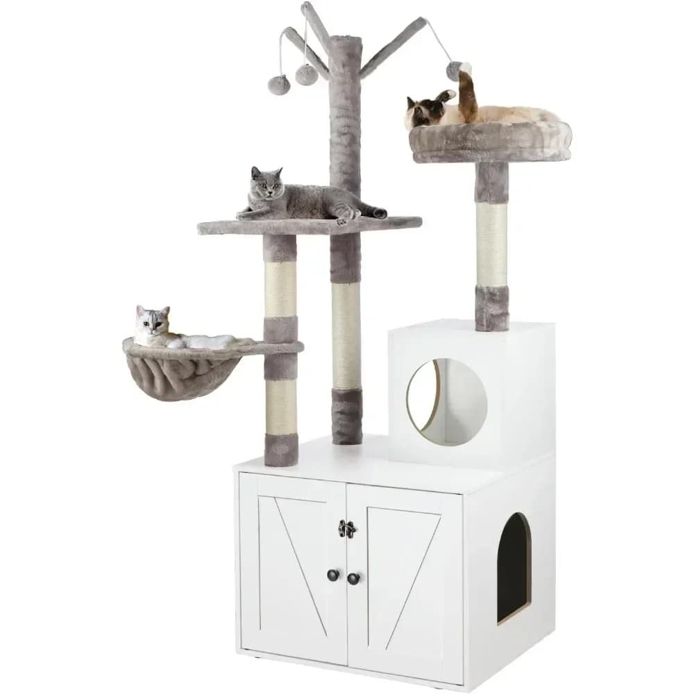 Lettiera per gatti con albero per gatti, 2-in-1, mobiletto nascosto con tiragraffi, moderno appartamento per gatti, bianco - Offerta imperdibile!