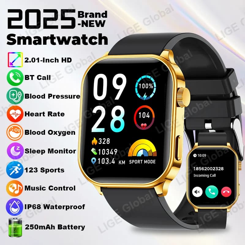 LIGE New 2.01 "Ultra HD Smartwatch for Men Blood Pressure Health Monitor Bluetooth IP68 Sport Waterproof Smart Watch for Women