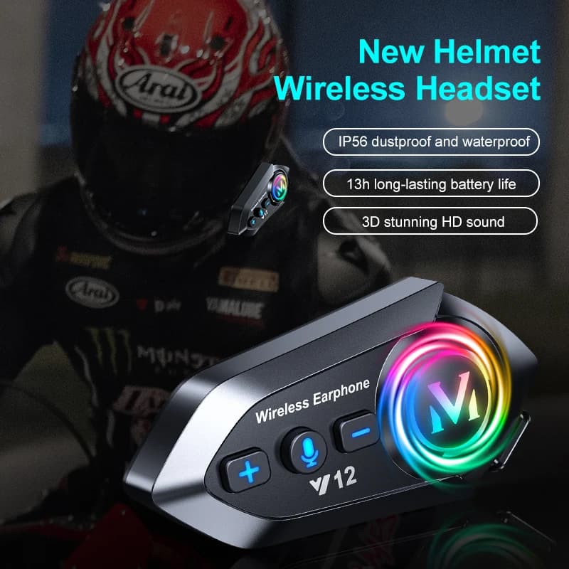 Y12 Casco da motociclista Auricolare Bluetooth 5.4 Chiamata in vivavoce wireless Kit telefonico Lettore musicale impermeabile Altoparlante Radio FM Auricolare
