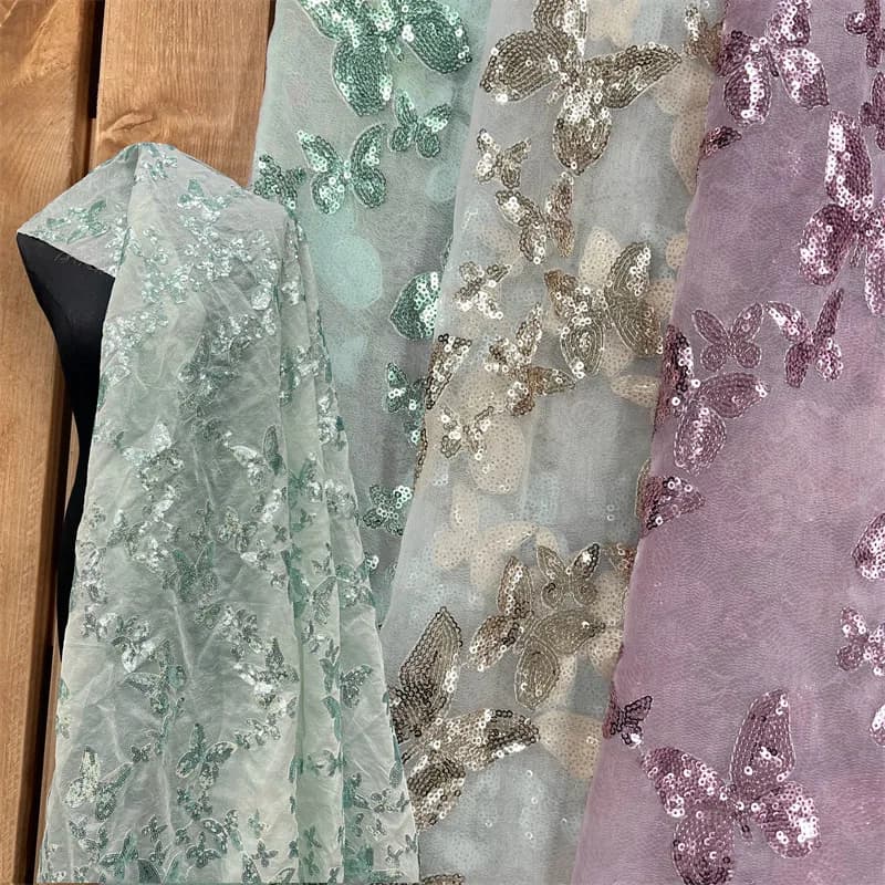 2Yds/lot 130cm Wide Butterfly Pattern Double Gauze Sequin Fabric for Dresses Bridal Gowns Stage Costumes DIY Sewing Material F89