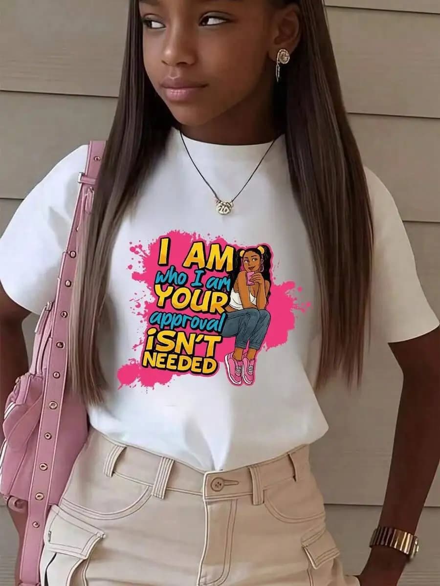 Girls & Teenagers Students Casual Printed Black Crew Neck Short Sleeve T-Shirt Top, Summer 100% Cotton Kids Trendy Y2K Graphic Short-Sleeve Tee – Soft Quick-Drying Moisture-Wicking Casual Summer Top Perfect Gift