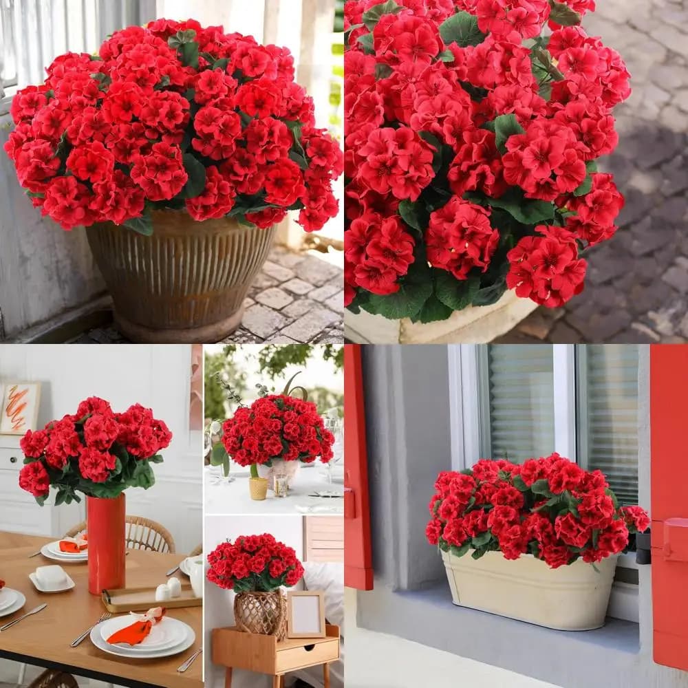 Artificial geranium flowers for UV-resistant outdoors, 24-piece red silk flowers, durable garden plants, fake floral composition for L