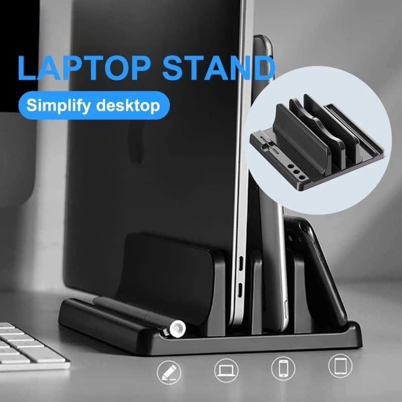 Supporto verticale per laptop a doppio slot, regolabile, doppio dock da scrivania salvaspazio per MacBook e iPad