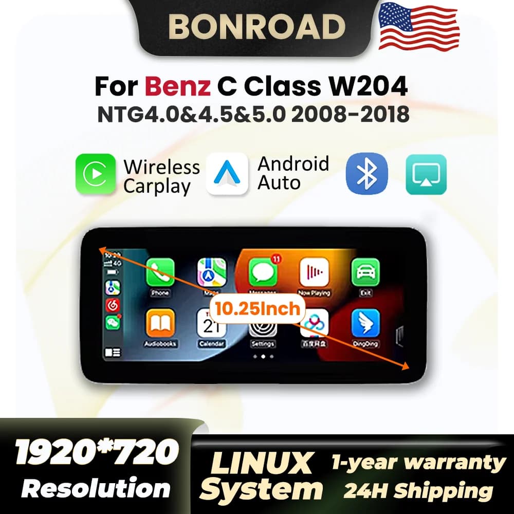 Autoradio Linux da 10,25 pollici per Mercedes Benz Classe C W204 2008-2018 Lettore multimediale Wireless Carplay Android Auto BT GPS Stereo