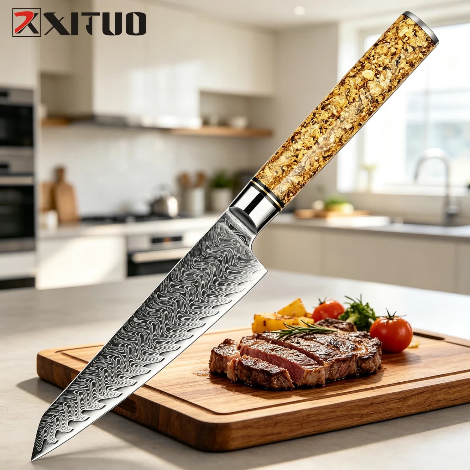 XITUO Kitchen Utility Knife 5“,Japanese VG10 Steel Damascus Paring knife, Small Kitchen Chef Knife with Resin & Gold Leaf Handle
