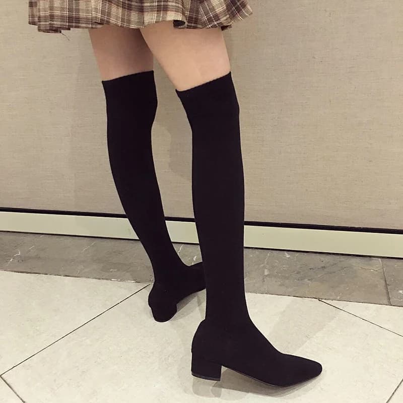 Black Low Heel Shoes Woman Stretch Socks Over The Knee Boots Fall Pionted Toe Cheap Shoes Gray Knitting Long Boots Block Shoes