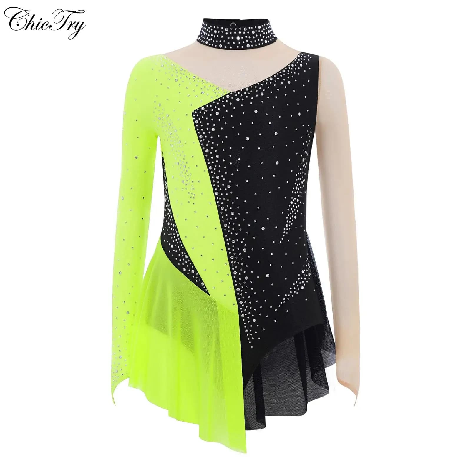 Vestito da pattinaggio di figura per ragazze per bambini Vestito lirico a maniche lunghe con patchwork a rete trasparente per balletto a blocchi di colore con strass