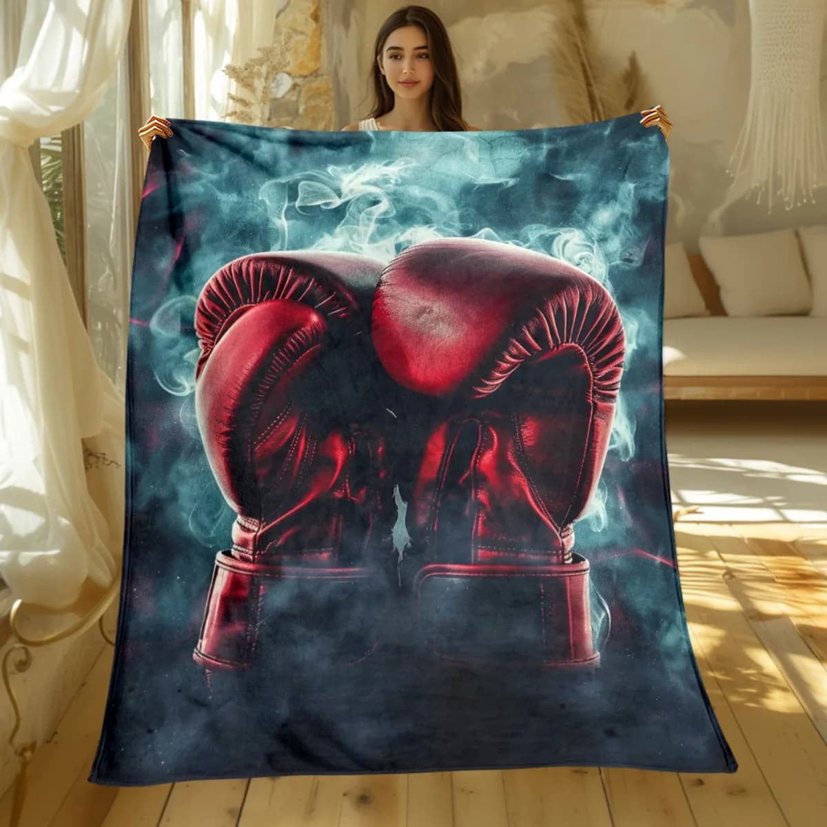 Boxing gloves sports themed fleece blanket athletic gift for gym lovers fitness enthusiasts red boxing gear design home decor