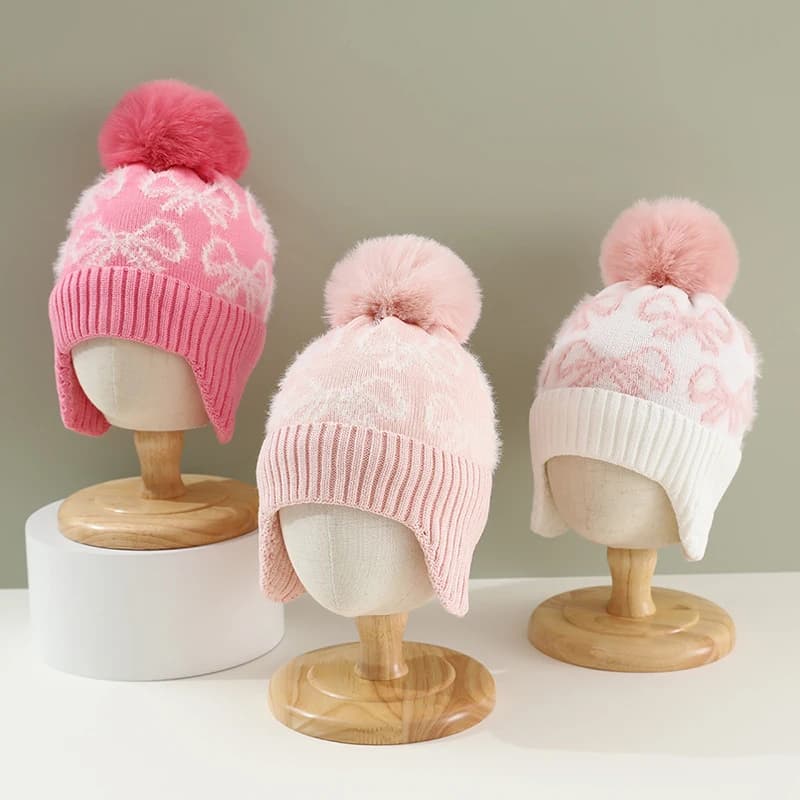 Bambini Ragazza Fiocco rosa Berretti Plsuh Inverno Caldo Bambino Protezione per le orecchie Cappello Fodera in velluto Paraorecchie Berretto 1-5 anni Bambini Cappello lavorato a maglia di lana
