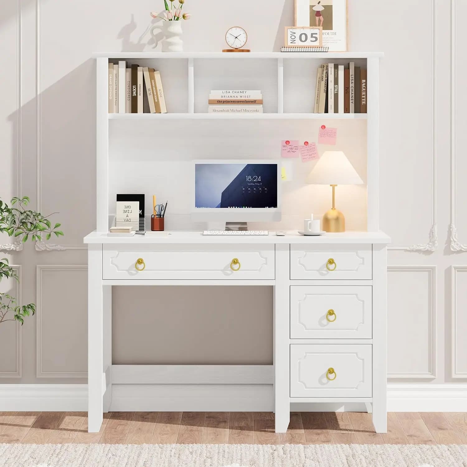 Scrivania Bianca con Mobiletto Superiore, Scrivania Bianca e Oro da 47 Pollici con 4 Cassetti, Scrivania Moderna per Ragazze per Camera da Letto, Maniglie Dorate, Personalizzabile