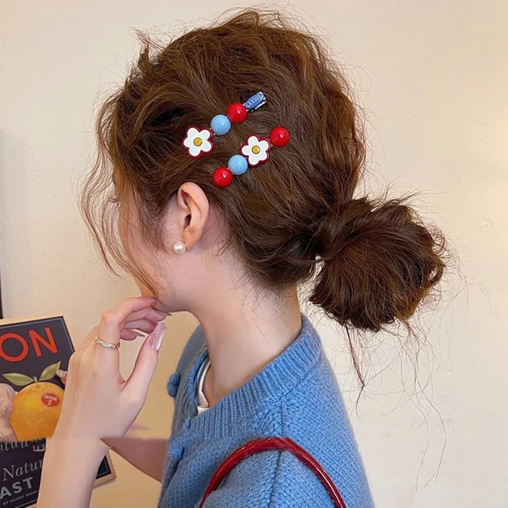 2 pieces of sweet candy hawthorn beads flower ribbon clip for hair side clip for woman cute beads fringe soft hair accessories girl gift