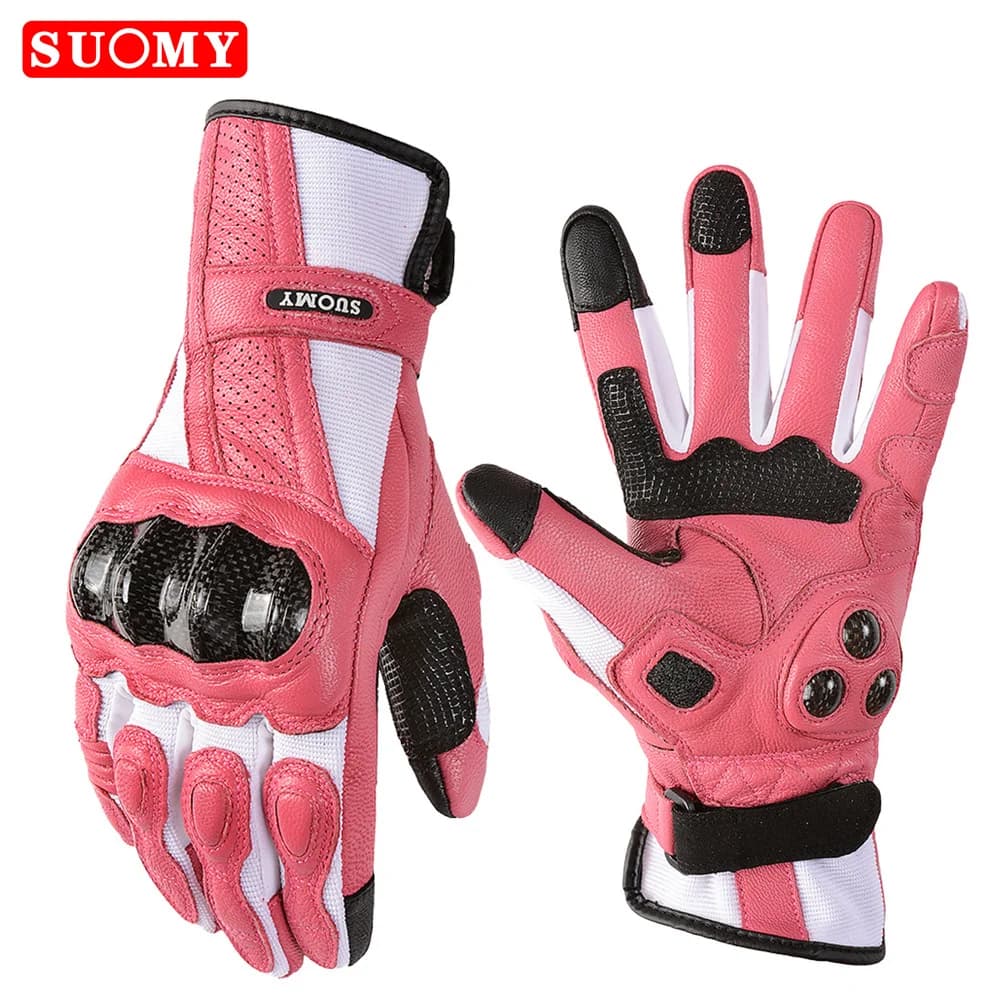 Suomy Women's Motorcycle Gloves in Pink Goat Leather Lady Long Full Finger Scooter Electric Bike Gloves Running Cycling Motocross Luvas XS