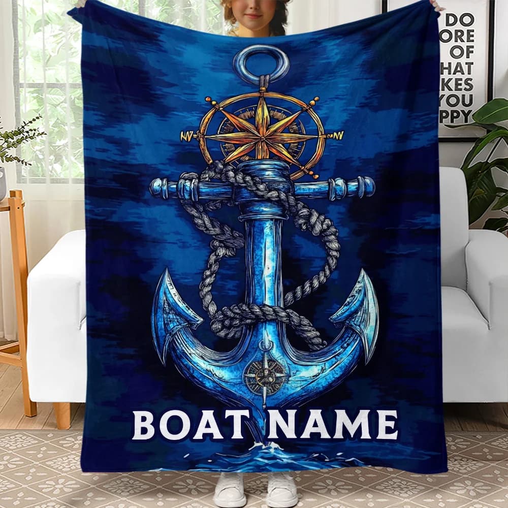 Coperta Personalizzata con Ancora, Nome della Barca, Arte Nautica, Morbido Plaid in Pile, Regalo per Marinai, Decorazione per la Casa, Tema Oceanico