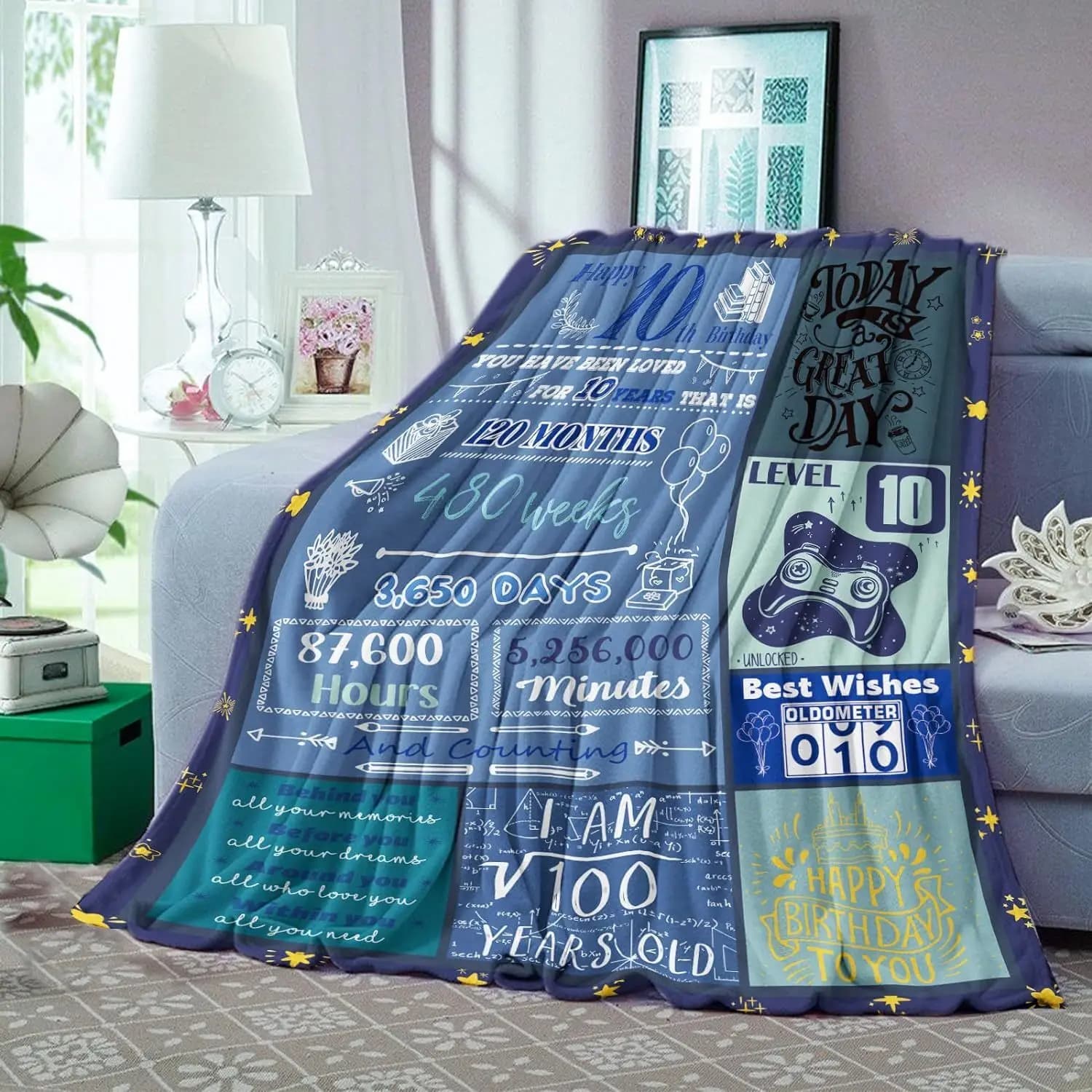Regalo di compleanno creativo per bambini dai 10 ai 12 anni, coperta blu in flanella di buon compleanno, decorazione creativa per regali di compleanno