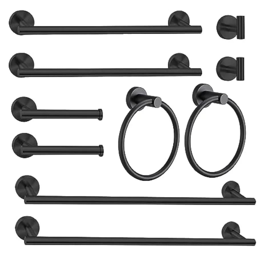 Set di 10 barre porta asciugamani da bagno, include barre porta asciugamani da 23,6 e 16 pollici, ganci, anelli e porta carta igienica - Nero