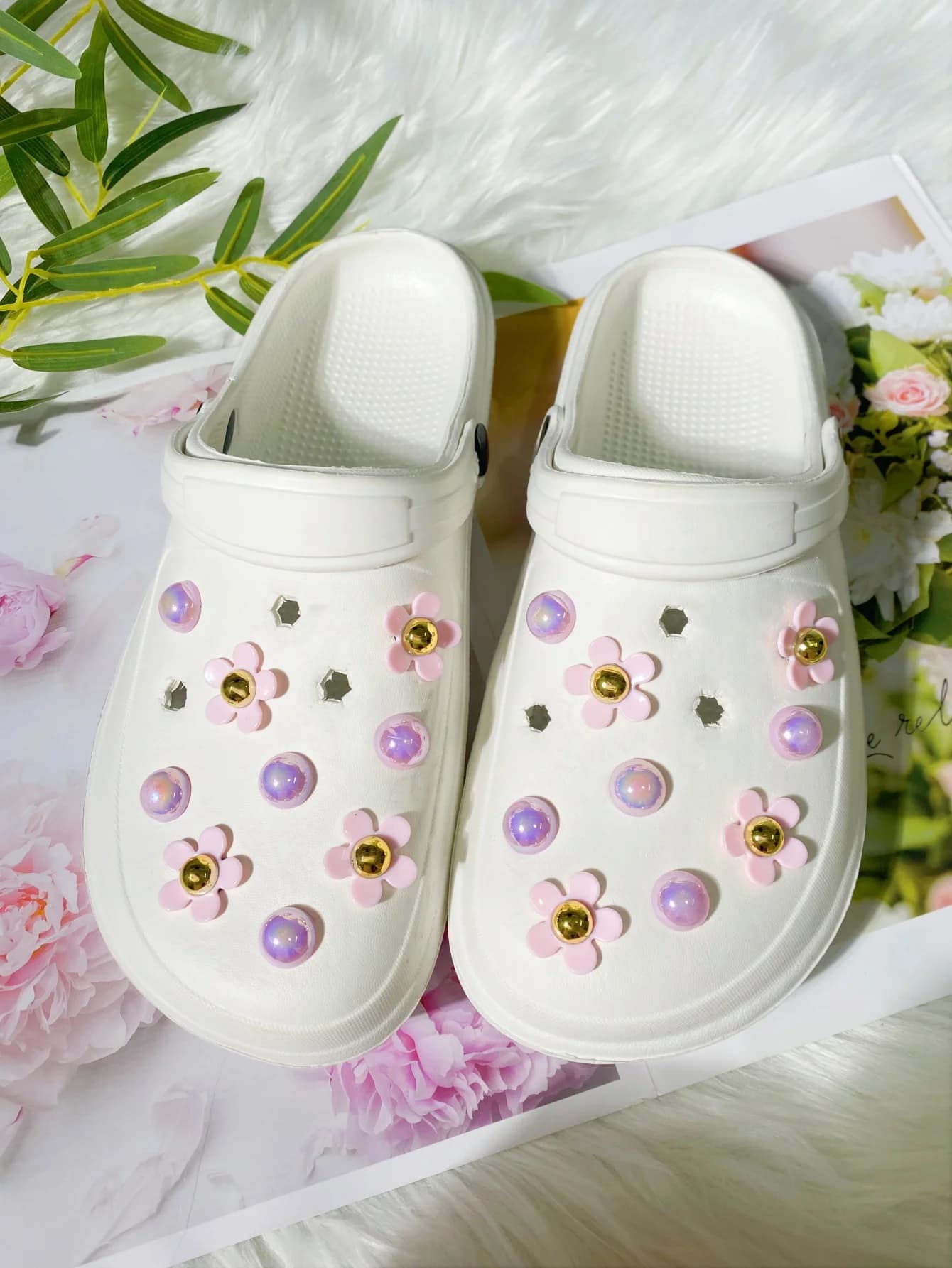 18 fiori rosa e perle ABS Accessori per scarpe staccabili fai-da-te, accessori versatili per clip per scarpe per sandali da donna, ciabatte, b