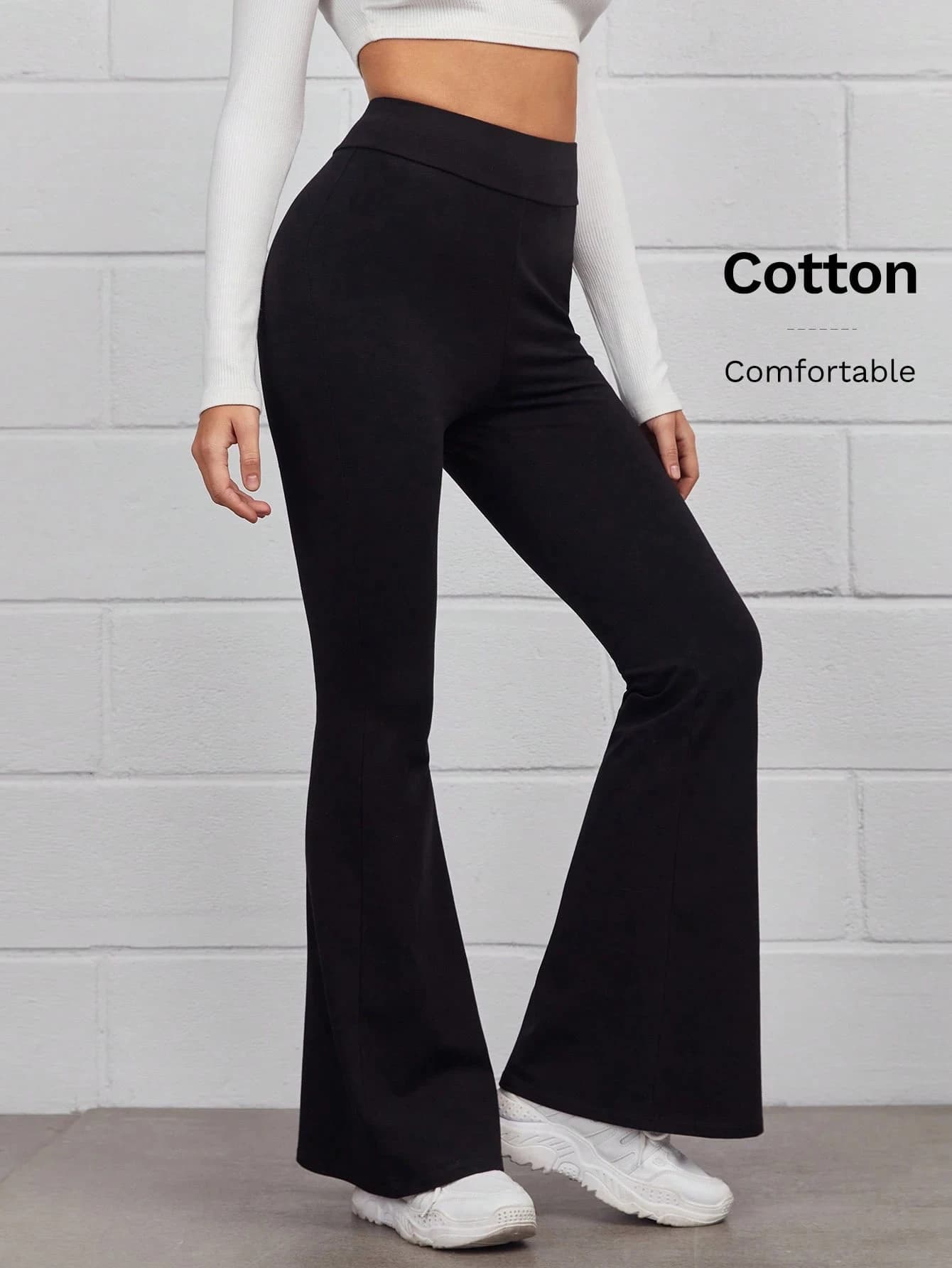 Pantaloni a Zampa d'Elefante in Cotone a Vita Alta per Donna, Neri, Comodi ed Elasticizzati, per Yoga, Allenamento, Streetwear e Moda Casual