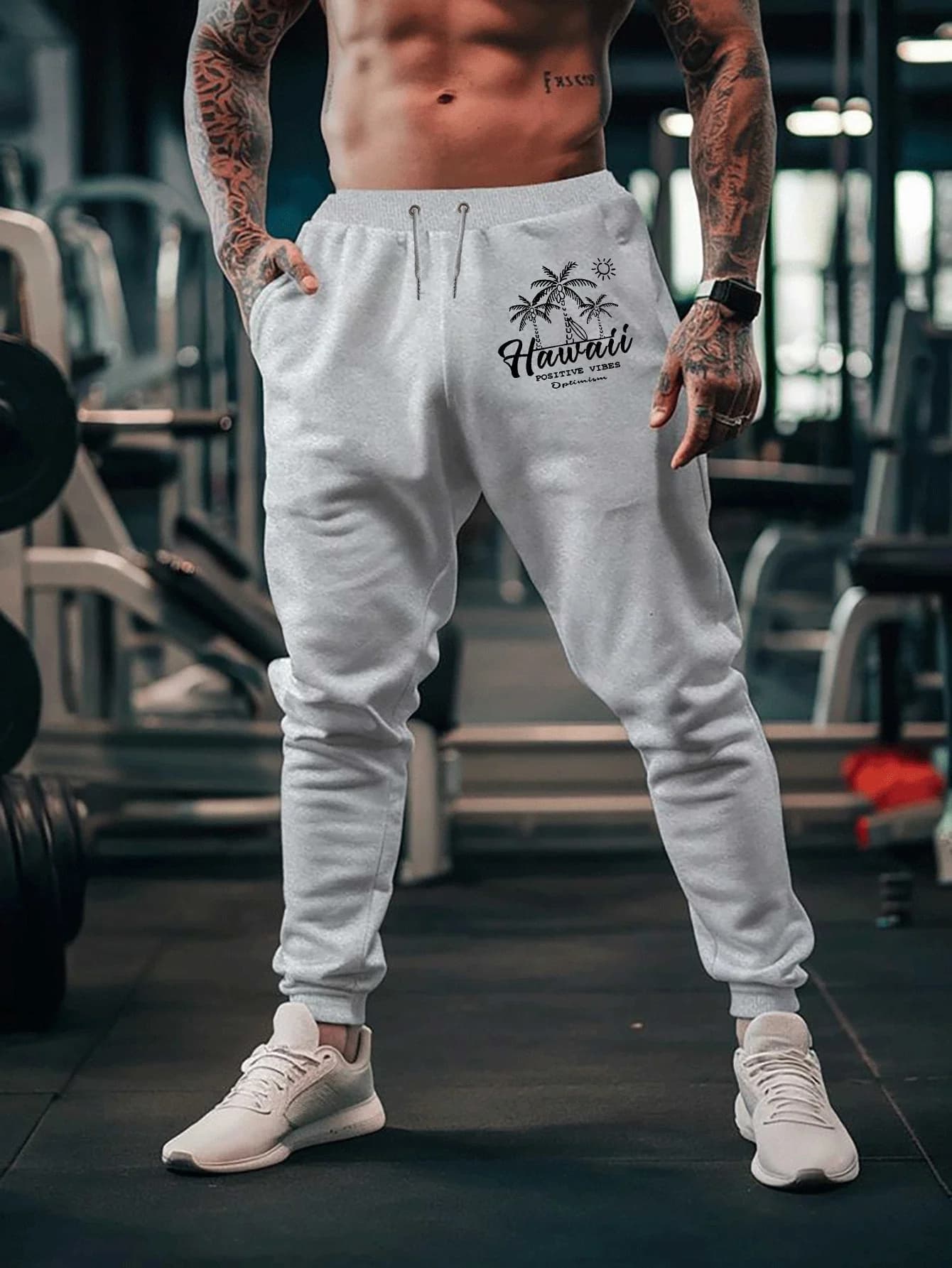 Vacation‑styled Tropical Hawaii Palm Scene Graphic Print Relaxed Sweatpants Men Hip Hop Casual Jogger Pants Fit Wear Gear