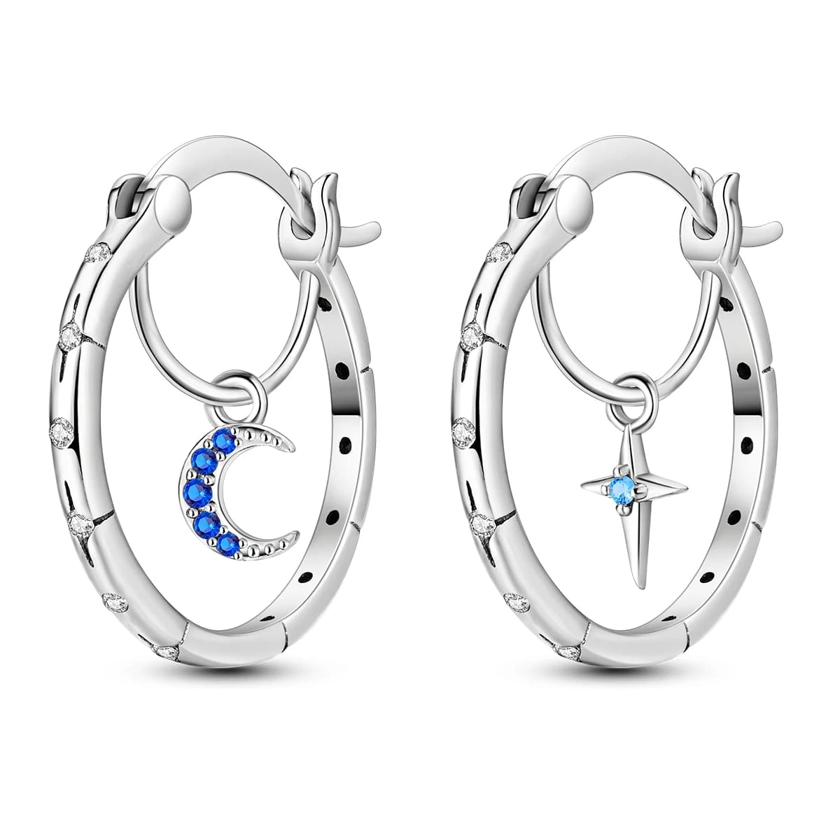 Orecchini a Cerchio in Argento Sterling 925 con Stella e Luna, Orecchini a Cerchio con Stella e Mezzaluna in Zirconia Cubica Blu per Donne, Gioielli Versatili per Feste e Matrimoni, Idea Regalo