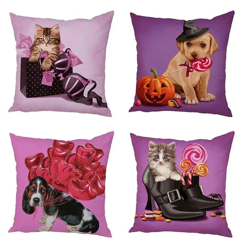 Cute Pets with Lollipops and Heart Balloons Pattern Cushion Cover Suitable for Sofa Bedroom Car Pillow Cover