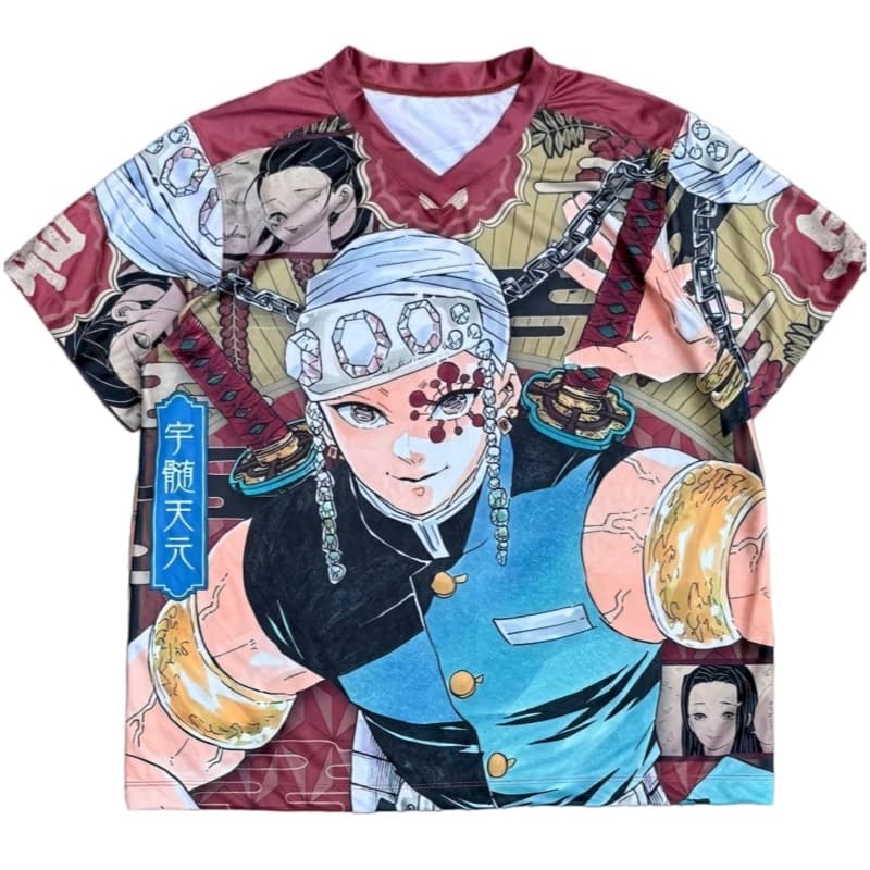2026 New Men's Demon Slayer Tengen Uzui Sound Hashira 3D Printed V-Neck Jersey Tee Stylish Casual Wear for Anime Fans Y2k Tops