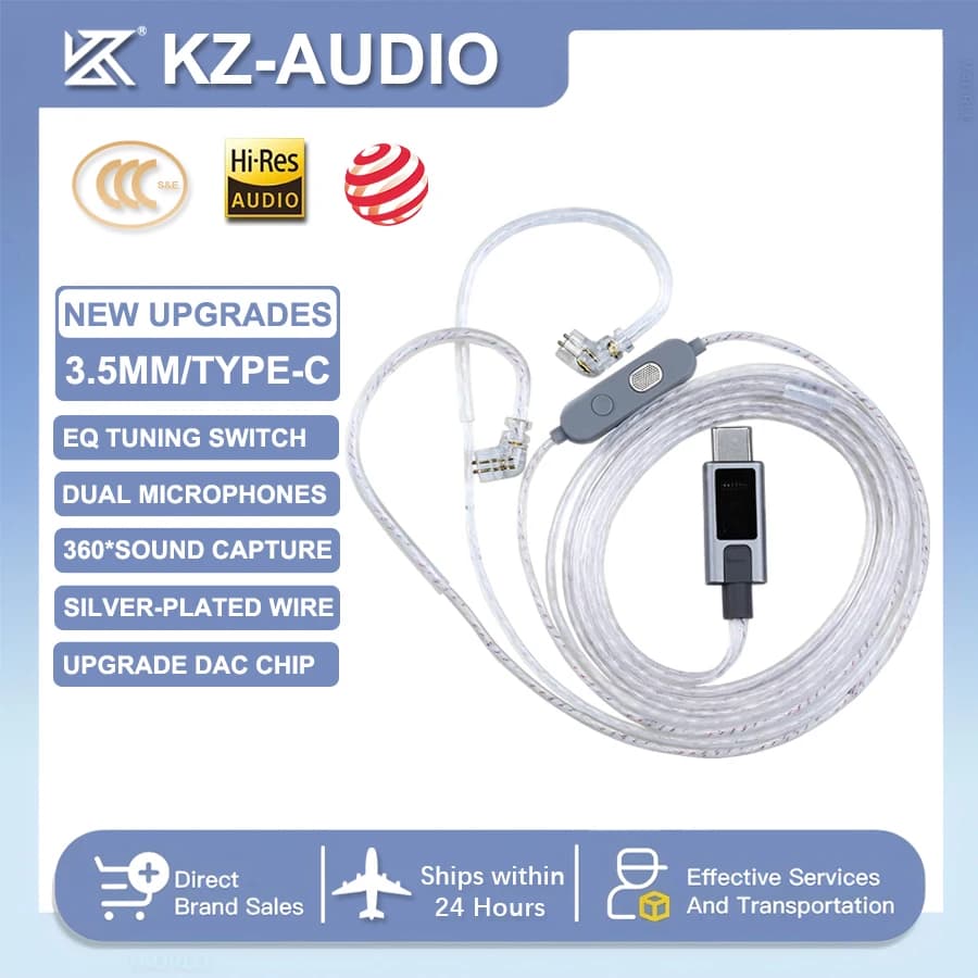 Cavo per auricolari placcato argento con doppio microfono KZ M2, regolazione della qualità del suono EQ a 3 velocità, cavo di aggiornamento per auricolari tipo C/3,5 mm compatibile con Android Samsung iPhone15