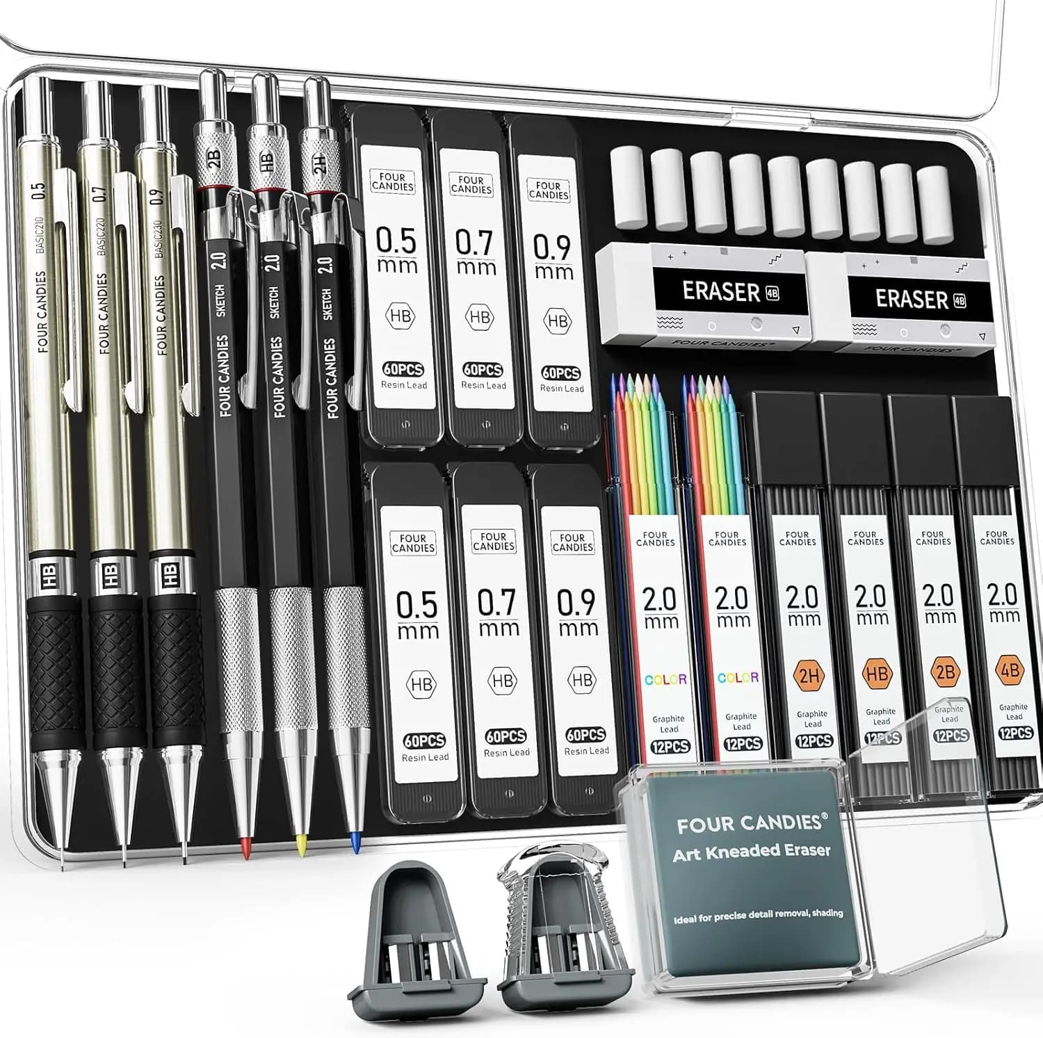 Set di 25 Matite Meccaniche con Astuccio, Mine da 0.5/0.7/0.9mm e 2mm, Ricariche in Grafite, Kit per Disegno Artistico per Adolescenti e Adulti