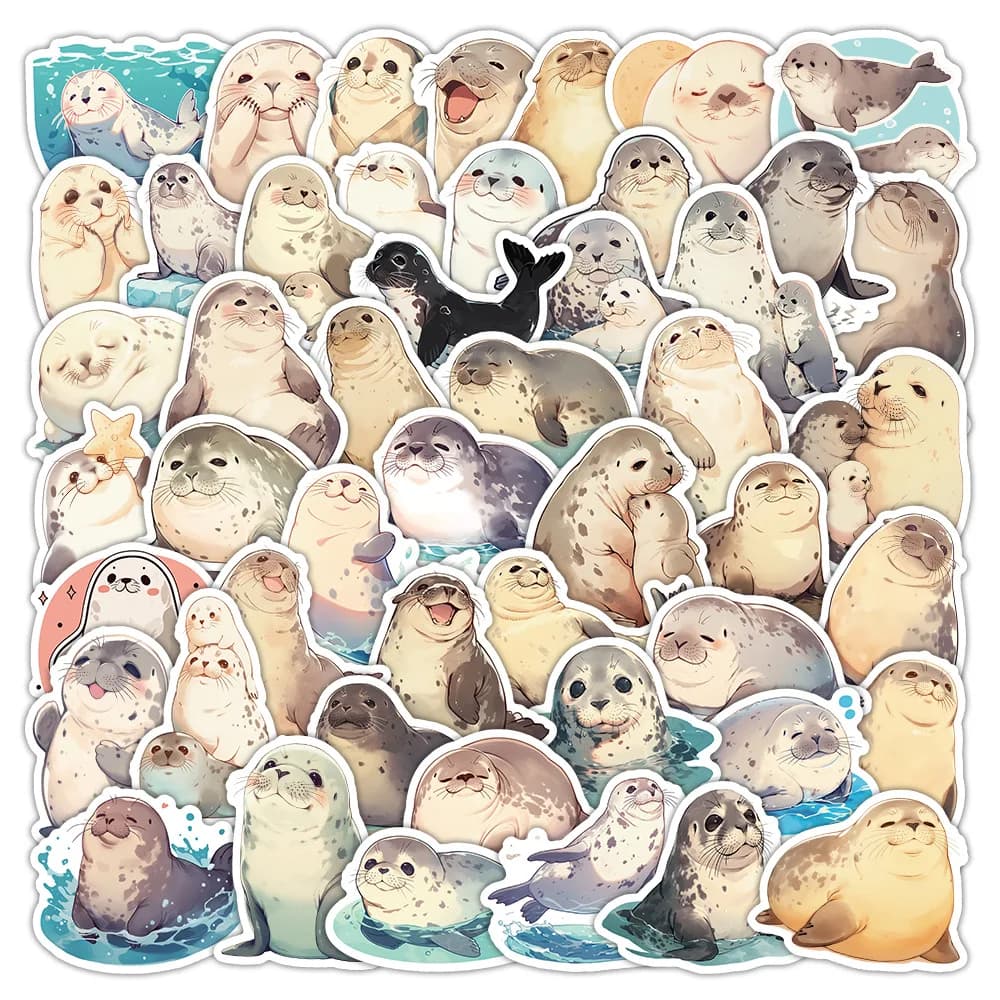 50-Pack Cute Seal Cartoon Stickers Waterproof Doodle Decals for Phone Guitar Tablet Fridge Luggage Stationery Notebook