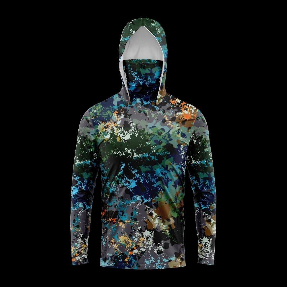 UPF50+ Sun‑Protective Men Fishing Hoodie Colorful Camouflage Pattern Face Gaiter Quick Dry Long Sleeve Outdoor Fishing Tee
