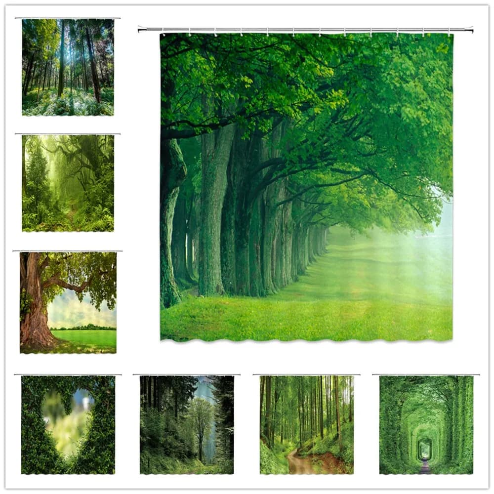 Tende da doccia con paesaggi naturali Albero verde Pianta floreale Modello di paesaggio Primavera Estate Decorazioni per il bagno Tenda in tessuto di poliestere
