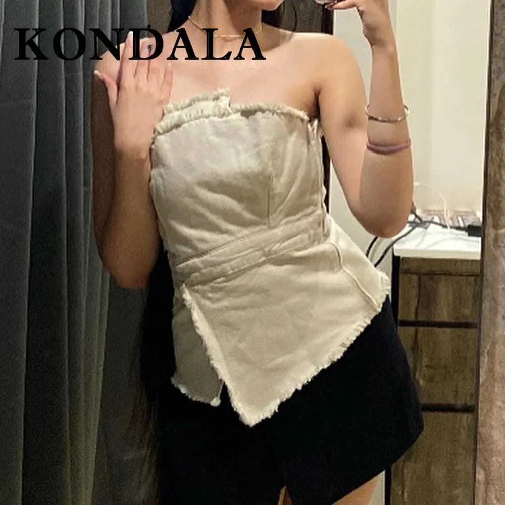 KONDALA 2025 Nappa Vintage Abito da donna bianco Asimmetrico senza spalline Gilet sottile + Chic Split Abito lungo Donna Casual Set eleganti
