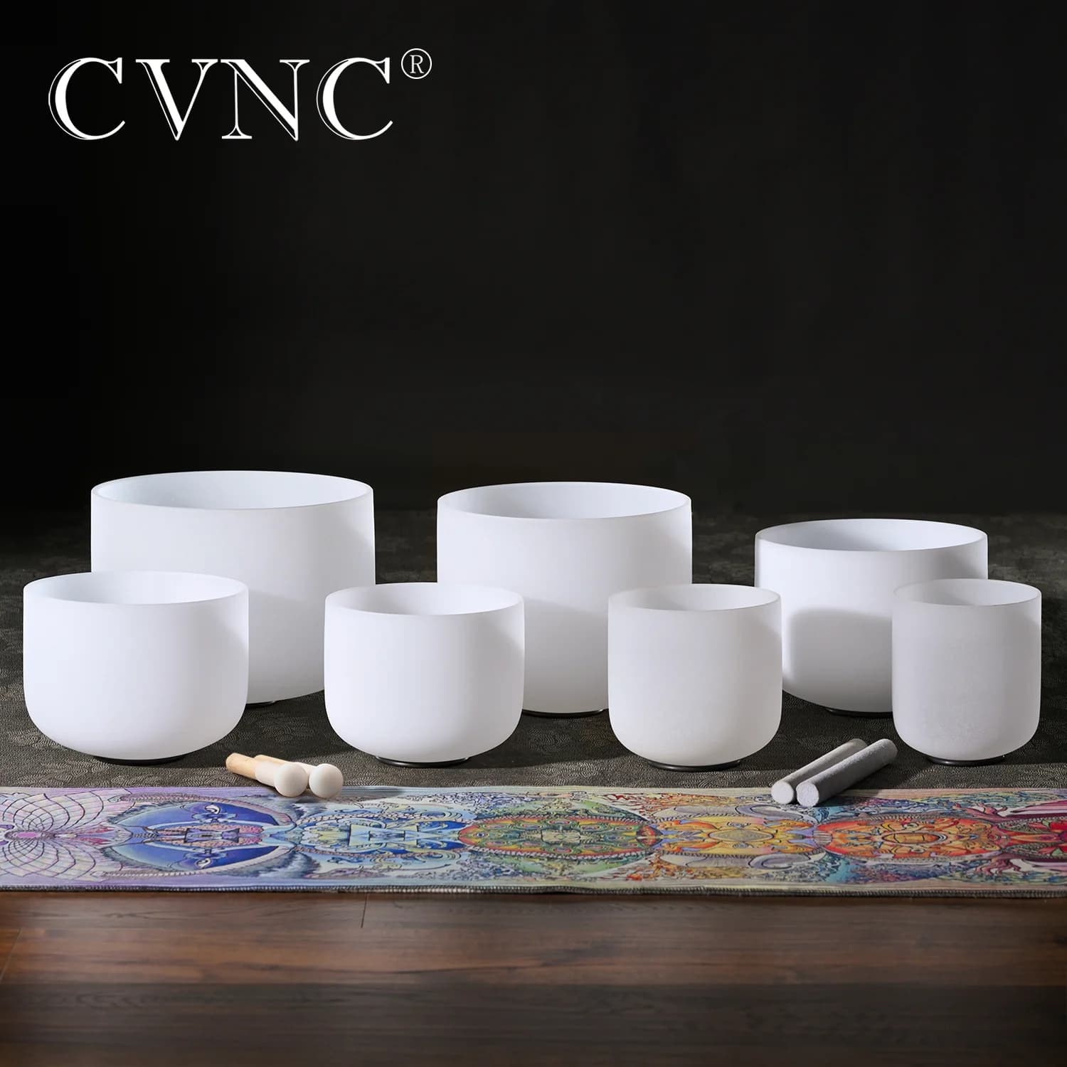 Perfect Pitch 6-12 Inch White Frosted Quartz Crystal Singing Bowl 7pcs Chakra Set For Sound Healing Yoga With Carry Bags