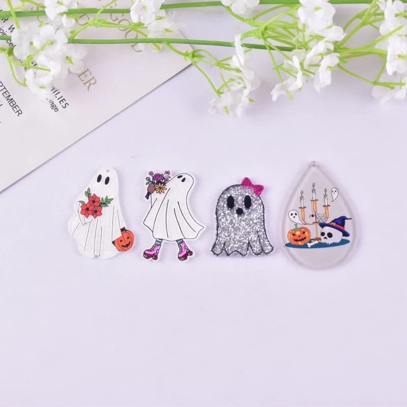 10pcs Halloween Skeleton Candle Holding Flower Ghost Acrylic Charms Pendant for Women DIY Jewelry Making