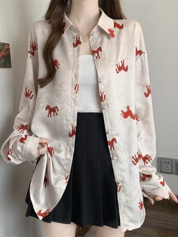 Long Sleeve Satin Shirt Jacket Women's Style Spring Autumn plus Size Slimming Cartoon Print Top Korean Style Loose Fit