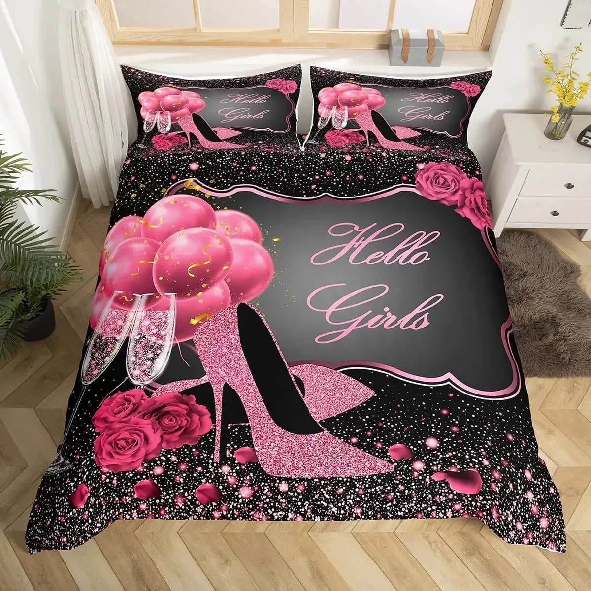 Scarpe col tacco alto per ragazze Copripiumino rosa Set di biancheria da letto rosa glitterato Copripiumino romantico Queen per adolescenti Arredamento camera da letto donna