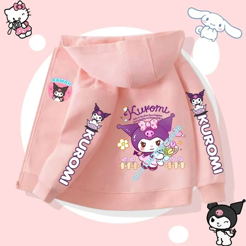 Top casual da ragazza di Sanrio - Cappotto autunno/inverno per bambini da 1 a 12 anni, felpa con cappuccio e cerniera con stampa del cartone animato Kuromi