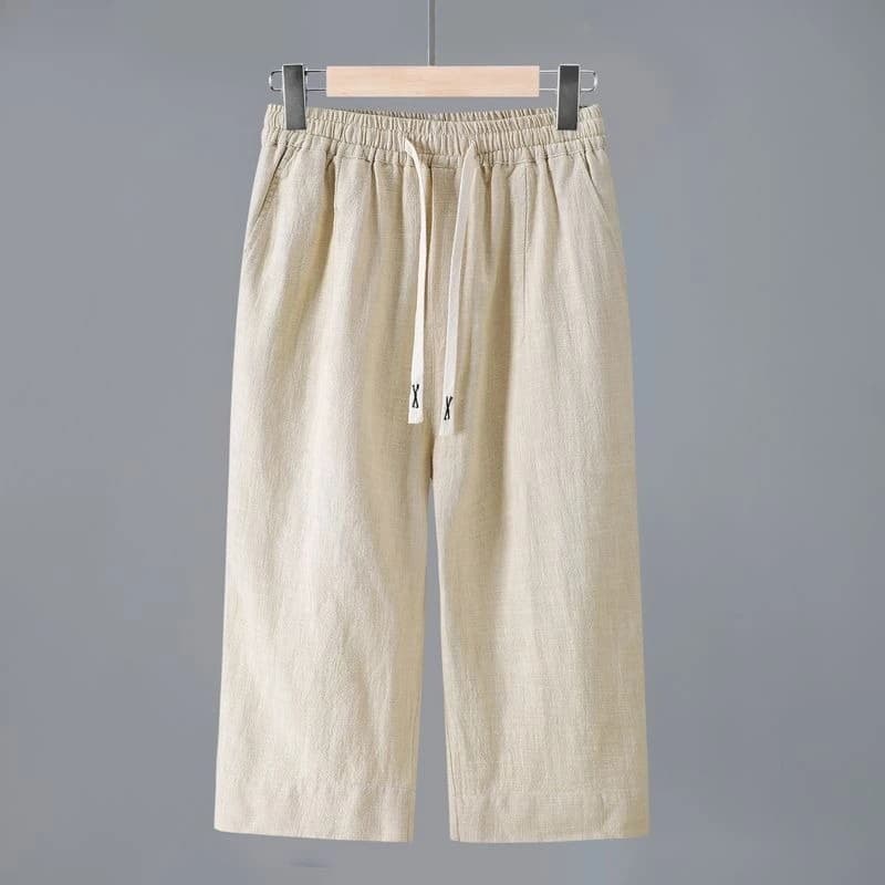 Men's Straight Casual Cotton Linen 7-points Pants Lightweight Baggy Solid Middle Pants Outdoor Breathable Calf-Length Pants