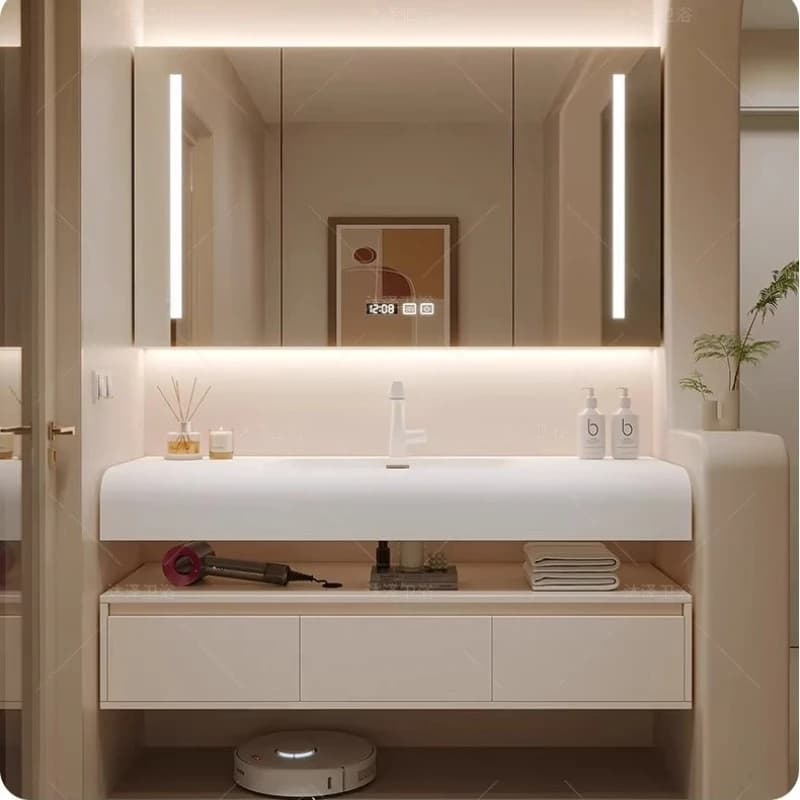 Mobile da Bagno in Legno con Cassetti, Specchio Moderno, Armadietto con Ripiani, Organizzatore per Bagno, Arredamento Salle De Bain
