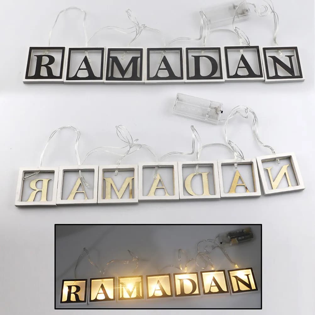 Set di Luci LED Decorative con Pendenti in Legno, Lettere per Ramadan, Decorazioni Sospese per Eid, Festival Islamico, Casa, Studio, Auto