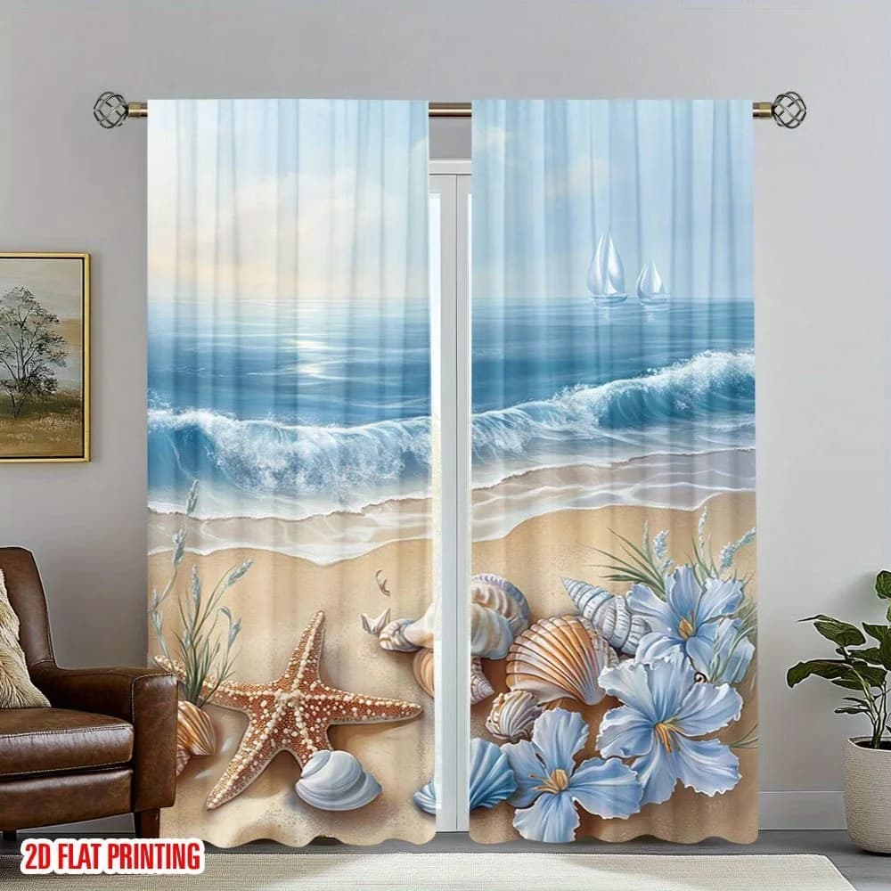 2PCS Digital Printed Curtains, Seashell Starfish Beach Nautical Marine, Window Curtains for Living Room Bedroom Home Decoration